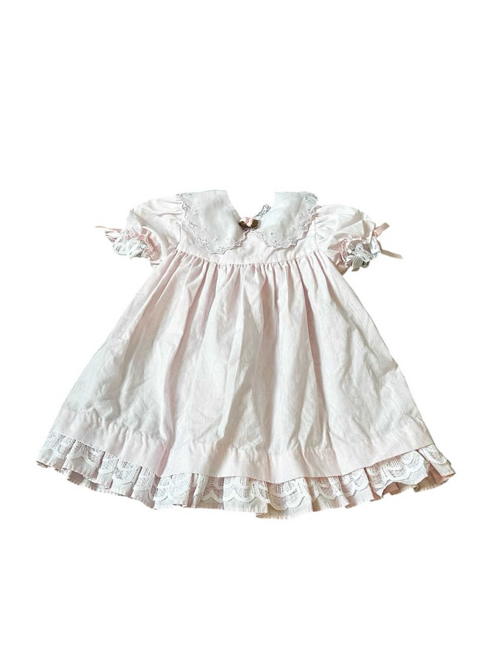 Vintage Girls Pink White Lace Dress Rose Embroidered Collar Cottagecote Prairie